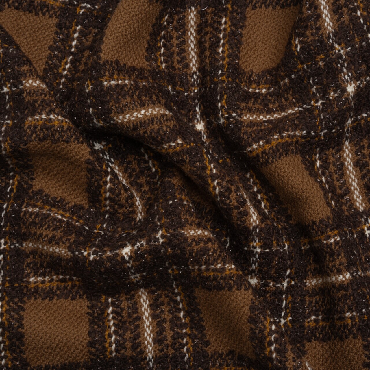 1 Yard Brown White and Metallic Black Boucle Plaid Wool Blend Tweed Deadstock
